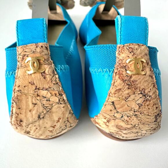 CHANEL Camellia Turquoise Leather Cork Cap Toe CC Logo Ballet Flats IT 37.5 C - Picture 5 of 16
